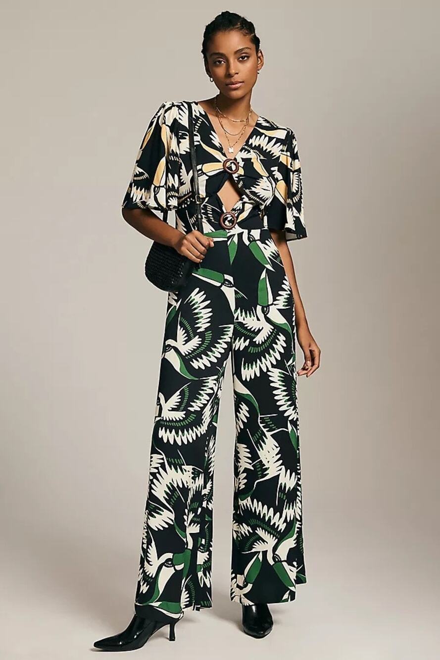 Farm Rio Anthropologie Black White Toucan Short Sleeve Jumpsuit One Piece XS